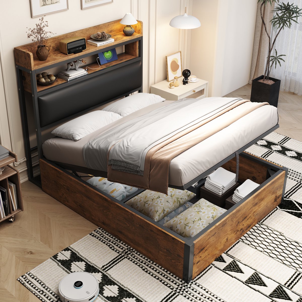 Eenpersoonsbed met hydraulische lift - vintage metaal-hout design - 90x200 cm - Zwart - Hydraulisch liftsysteem met verborgen opbergruimte - Gestoffeerd hoofdeinde met opbergvak en USB-poorten