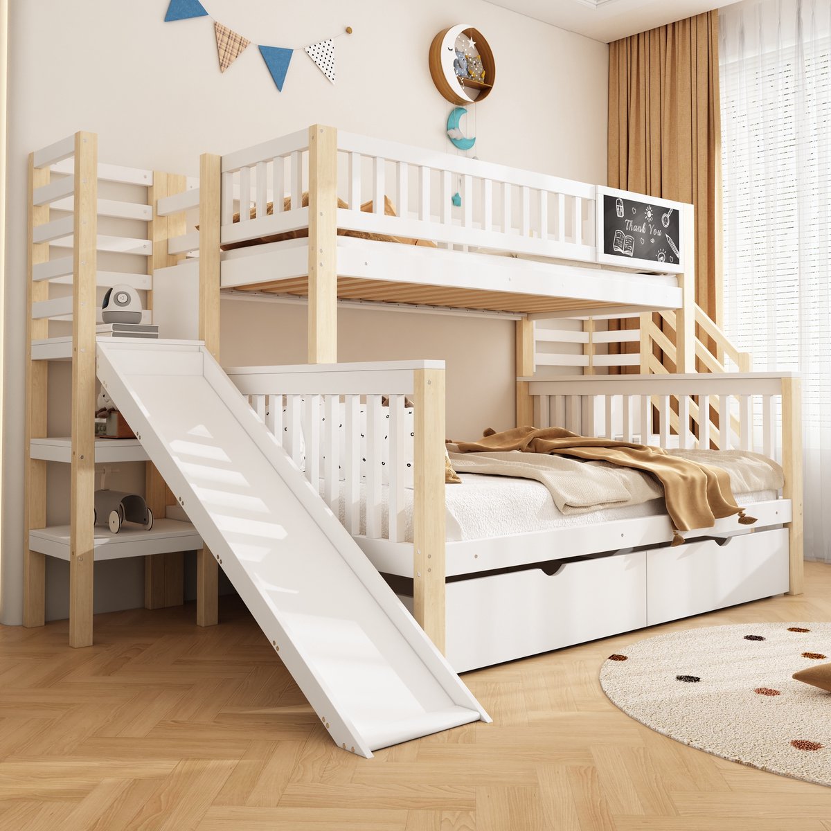 Houten stapelbed in huisvorm met glijbaan en schoolbord - 140x200 cm bovenbed & 90x200 cm onderbed - Wit - Opbergtrappen en kasten - Veiligheidshek - Massief grenen - 2 slaapplaatsen