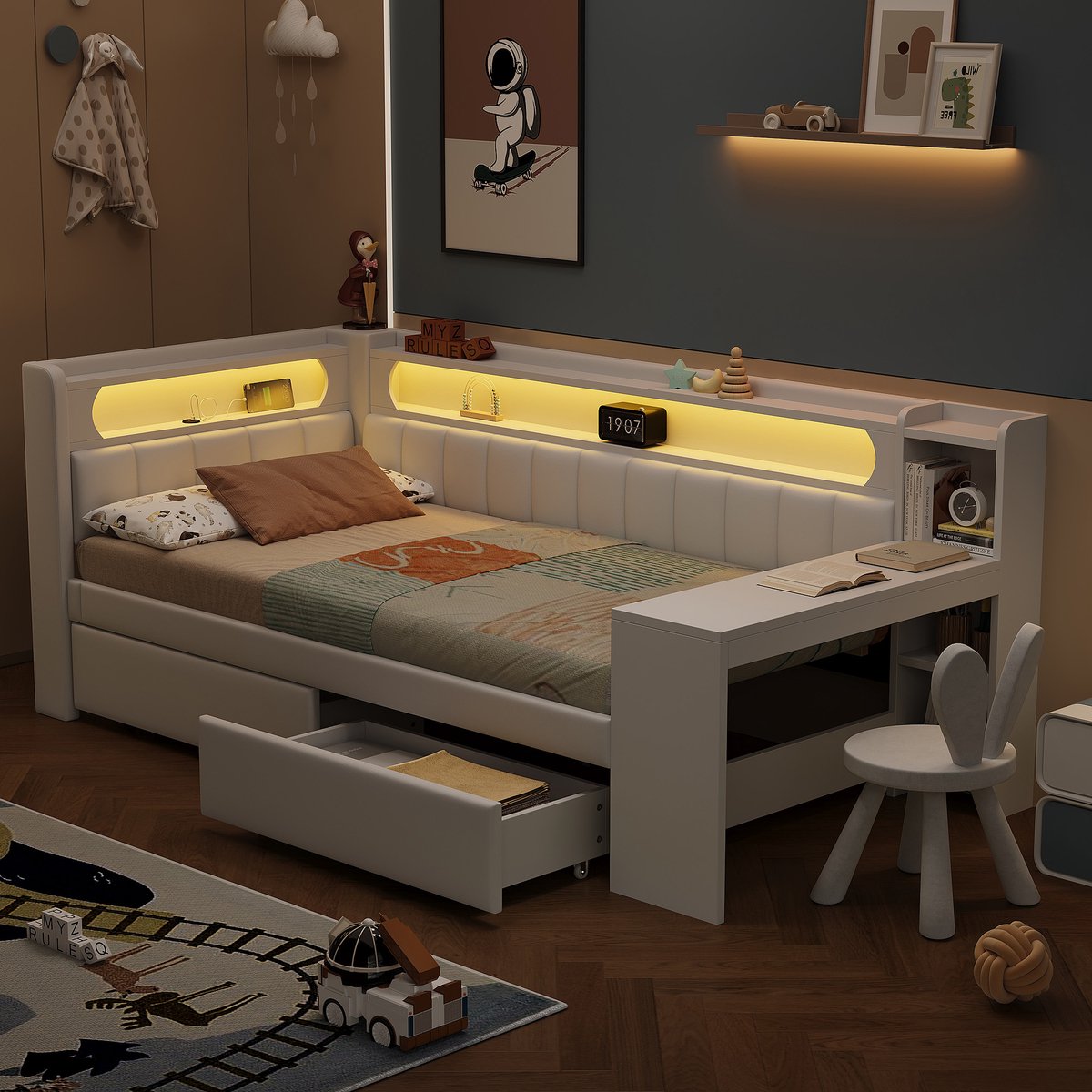 Gestoffeerd dagbed 90x200 cm - Bureau, 2 lades, USB en LED - 1 persoon - Wit - 7-kleuren sfeerverlichting - USB-oplaadpoort - Inclusief lattenbodem