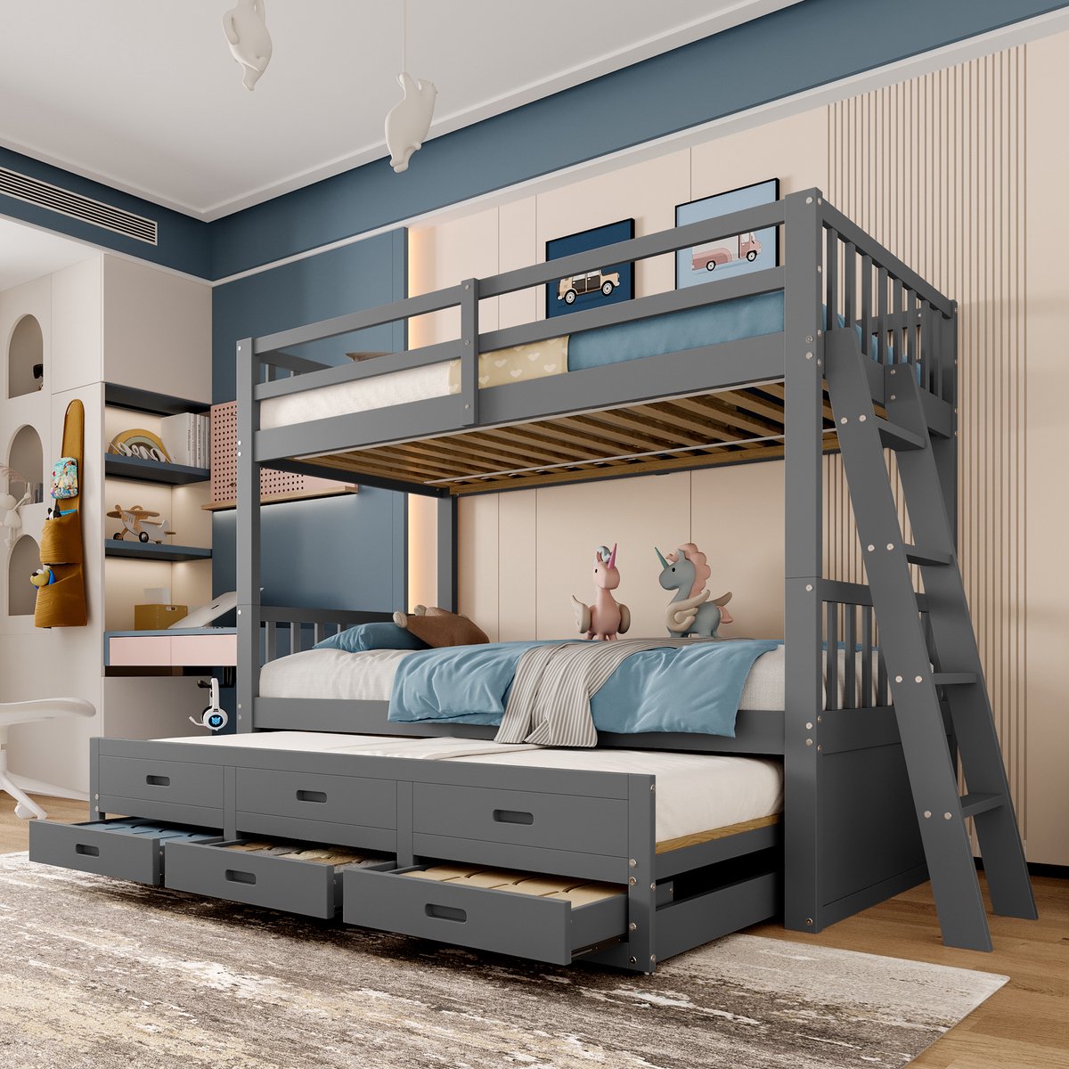 Huisbed voor kinderen met uitschuifbed en opbergruimte - 90x200 cm - Grijs - Inclusief uitschuifbed 90x182 cm - 3 opberglades onder het bed - Massief grenen frame met veiligheidsrek en ladder