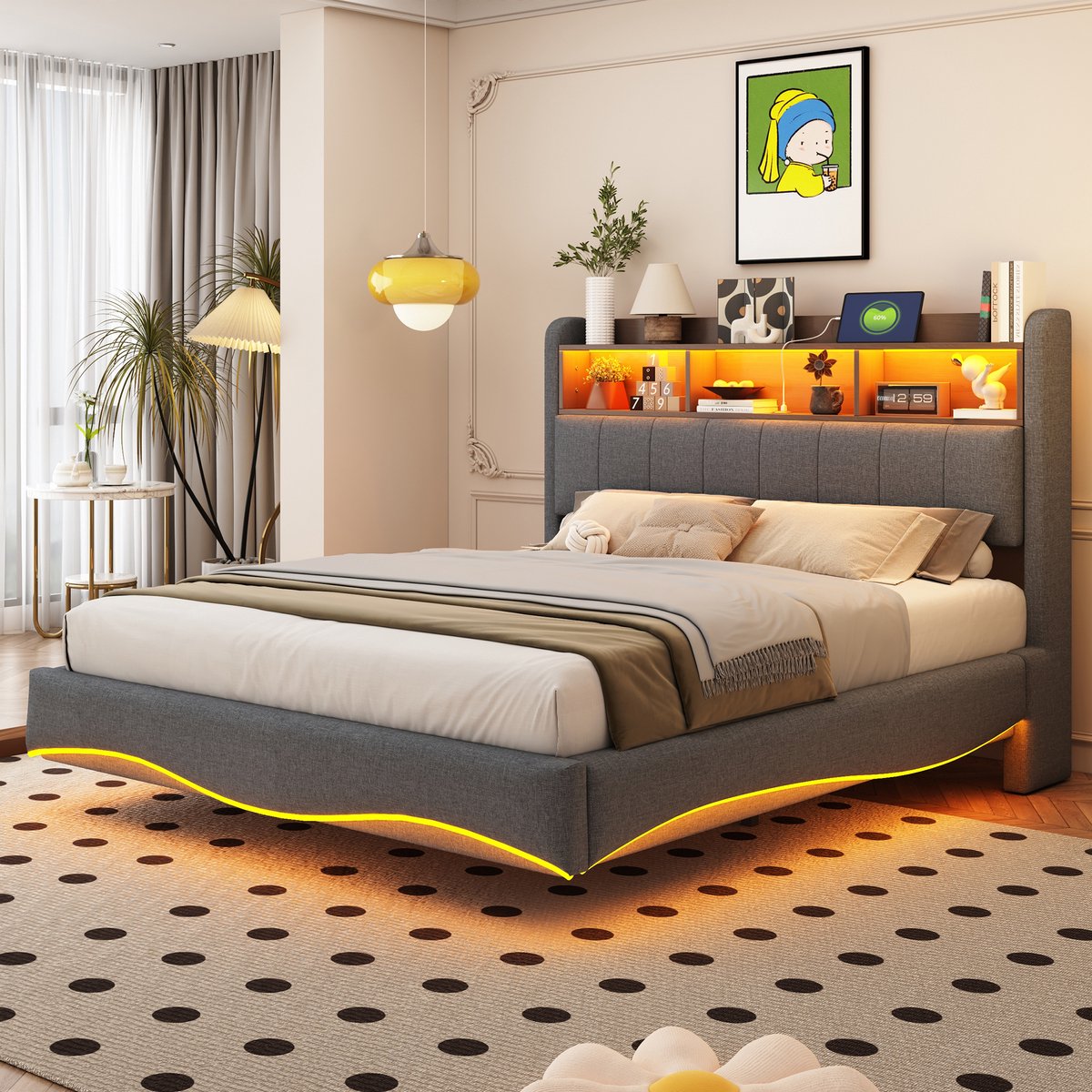 Gestoffeerd zwevend bed met opbergvak en LED - 140x200 cm tweepersoons - grijs linnen - USB en Type-C snelladen aan hoofdeinde - stevig metalen frame - inclusief lattenbodem