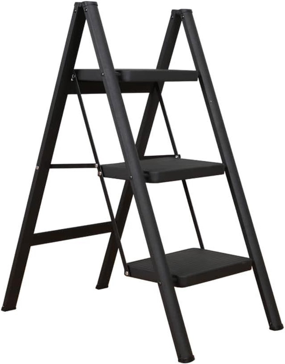 Trapladder 3 Treden - Vouwladder Huishoudtrap - Veilig Bereiken - Inklapbaar Lichtgewicht - 150 kg Belastbaar - Zwart