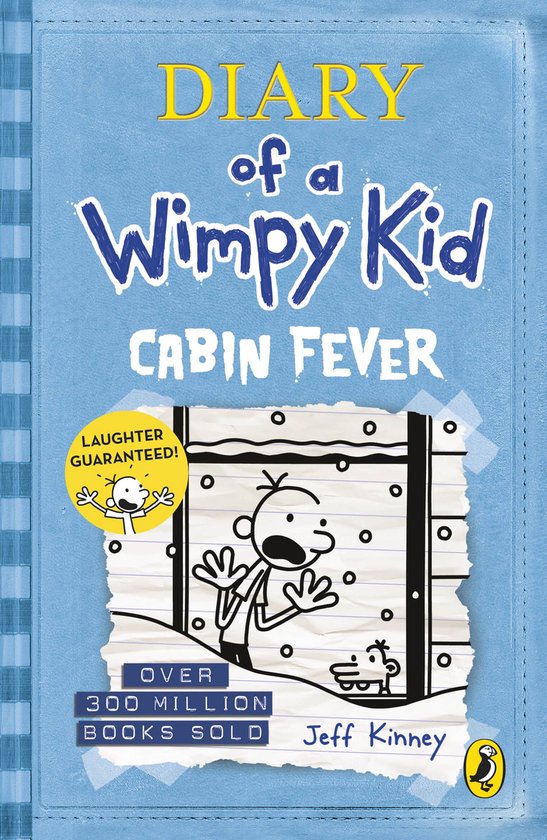 Blauwe cover van Diary of a Wimpy Kid: Cabin Fever met een getekende Greg Heffley achter een besneeuwd raam.