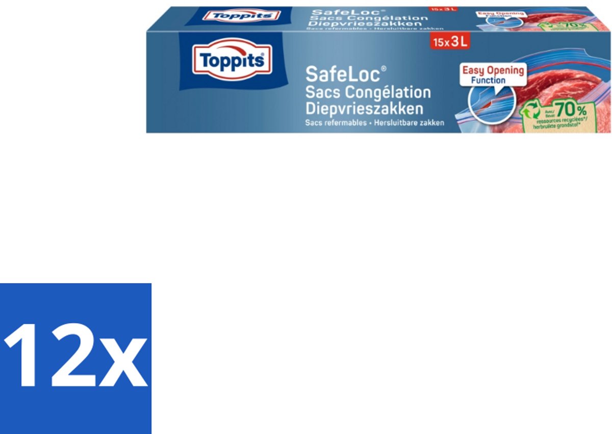 12 x Toppits – Safeloc Zip-Diepvrieszakken – 3 Liter – 15 Zakjes - Diepvrieszakken - Dubbele Sluiting - Voedselbescherming - Herbruikbaar - Milieuvriendelijk