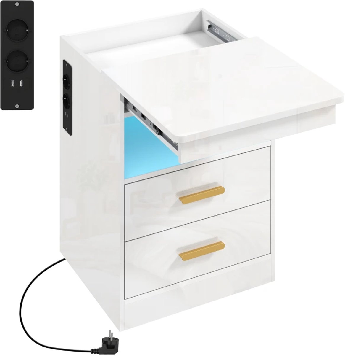 Nachtkastje - Bijzettafel Met Laadstation En RGB LED-verlichting - Hoogglans Wit