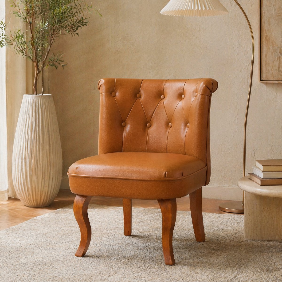Wishdor Fauteuil - Echt leer - Gecapitonneerde rugleuning - Klassiek design - Woonkamer eetkamer kantoor hotelinterieur - Houten onderstel - Lichtbruin - 60,5 x 56 x 72,5 cm