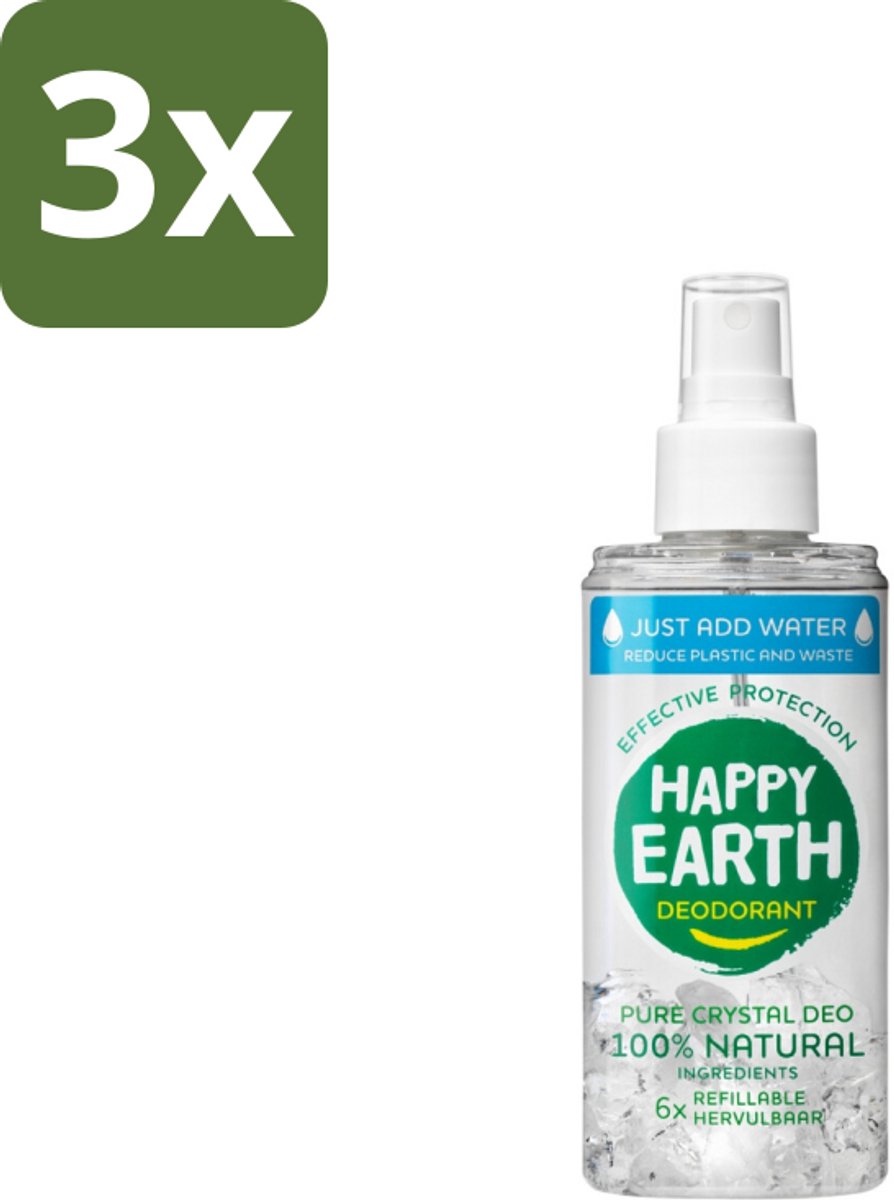 3 x Happy Earth – Deodorant Just-Add-Water Spray – 100% Natuurlijk Unscented – 100 ml - 100% Natuurlijke Deodorant - Just-add-water Deodorant - Aluinsteen Deodorant - Geurloze Deodorant - Hypoallergeen Deodorant