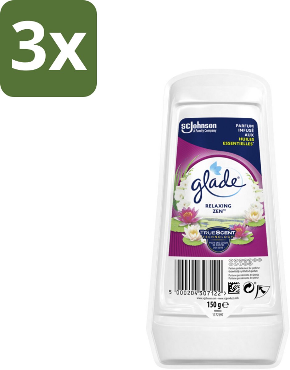 3 x Glade – Luchtverfrisser Gel – Relaxing Zen – 150 g - Luchtverfrisser Gel - Ontspannende Geur - Langdurige Frisheid - Geur Neutraliseren - Essentiële Oliën