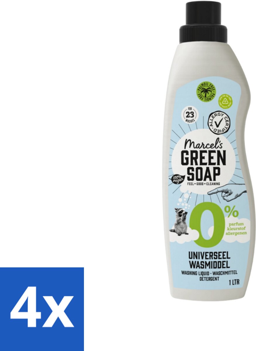 4 x Marcel’s Green Soap – Wasmiddel – Universeel - 0% – Zonder parfum en kleurstof – 1 liter - Wasmiddel 0% Parfum - Gevoelige Huid - Milde Wasmiddel - Duurzame Wasmiddel - Geen Kleurstoffen
