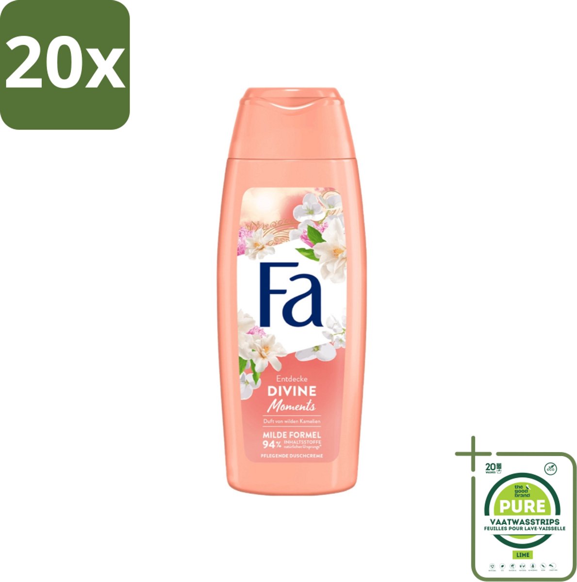 20 x Fa - Douchecrème - Divine Moments - Verzorgen & Voeden - Verfrissend - 250 ml - Grootverpakking - Douchecrème - Douchecreme - Camelia Geur - Luxe Douchecrème - Natuurlijke Ingrediënten