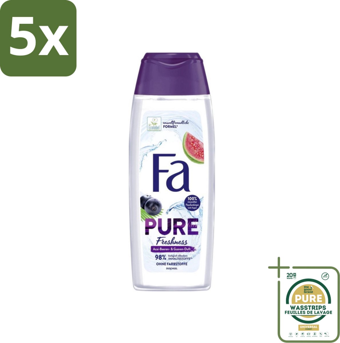 5 x Fa - Douchegel - Pure Freshness - Acai & Guave - Verfrissend & Verzorgend - 250 ml - Grootverpakking - Douchegel - Acai - Guave - Verfrissend - Verzorgend