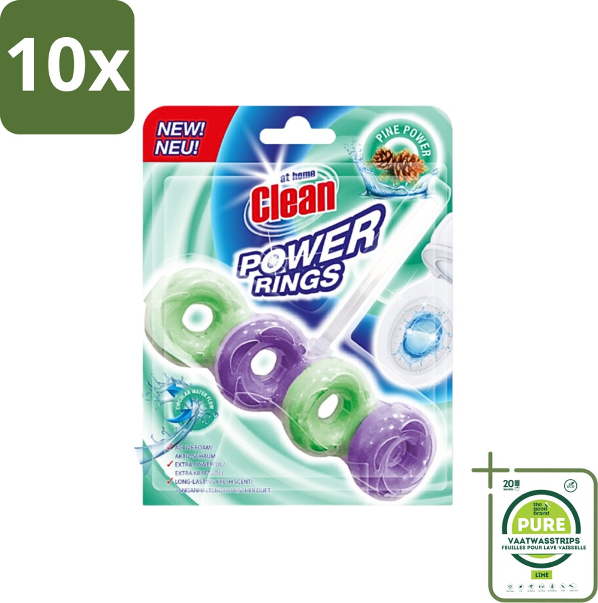 10 x At Home - Clean - Toiletblok - Power Rings - Pine Power - Extra Sterk - 1 Blok - Grootverpakking - Toiletblok - Power Rings - Pine - Toilet Reiniging - Toilet Frisheid