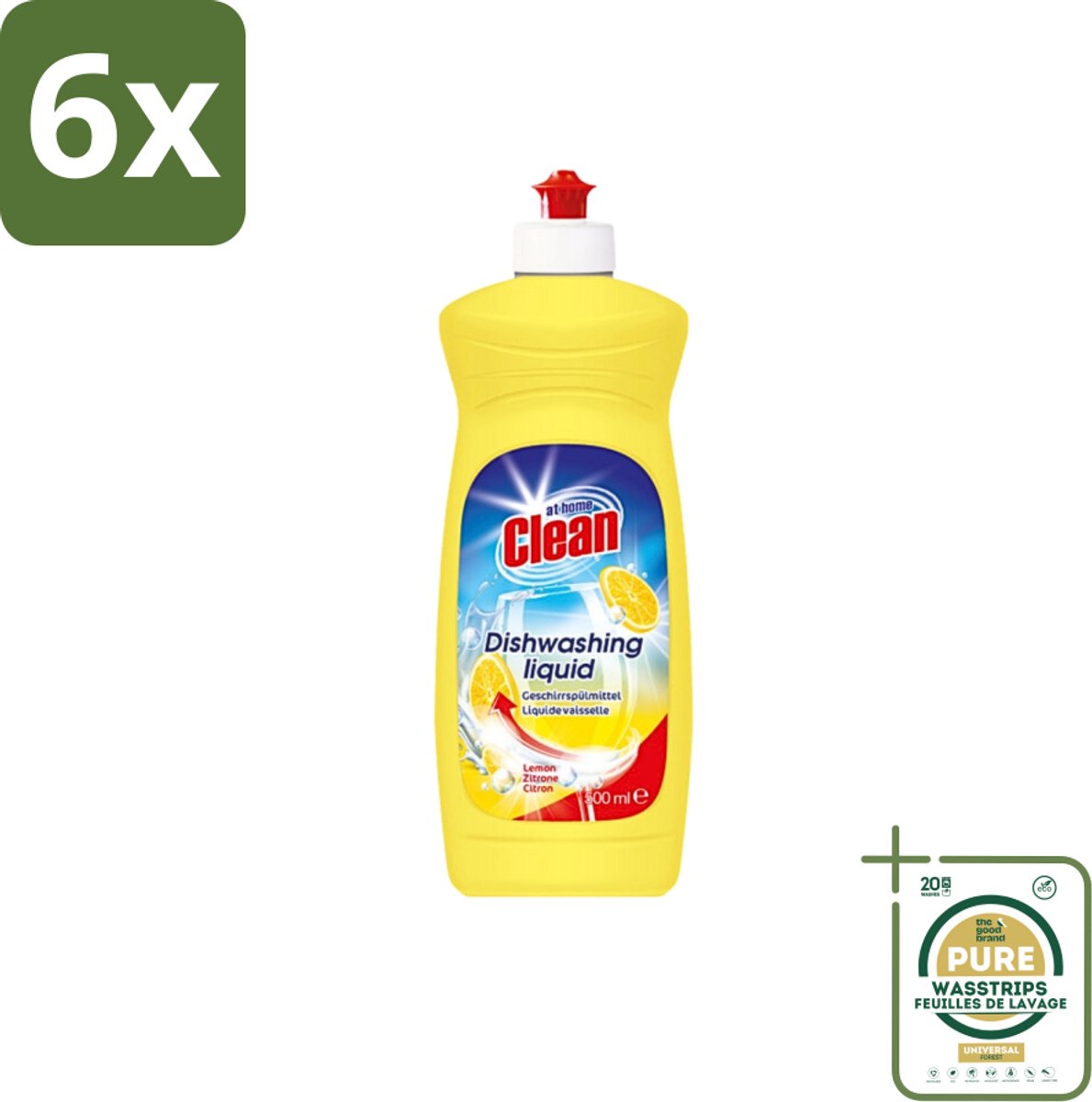 At Home - Clean - Afwasmiddel - Lemon - Stralend Schone Vaat - 500 ml - Voordeelverpakking - 6 stuks - Vet verwijderen - Citroengeur