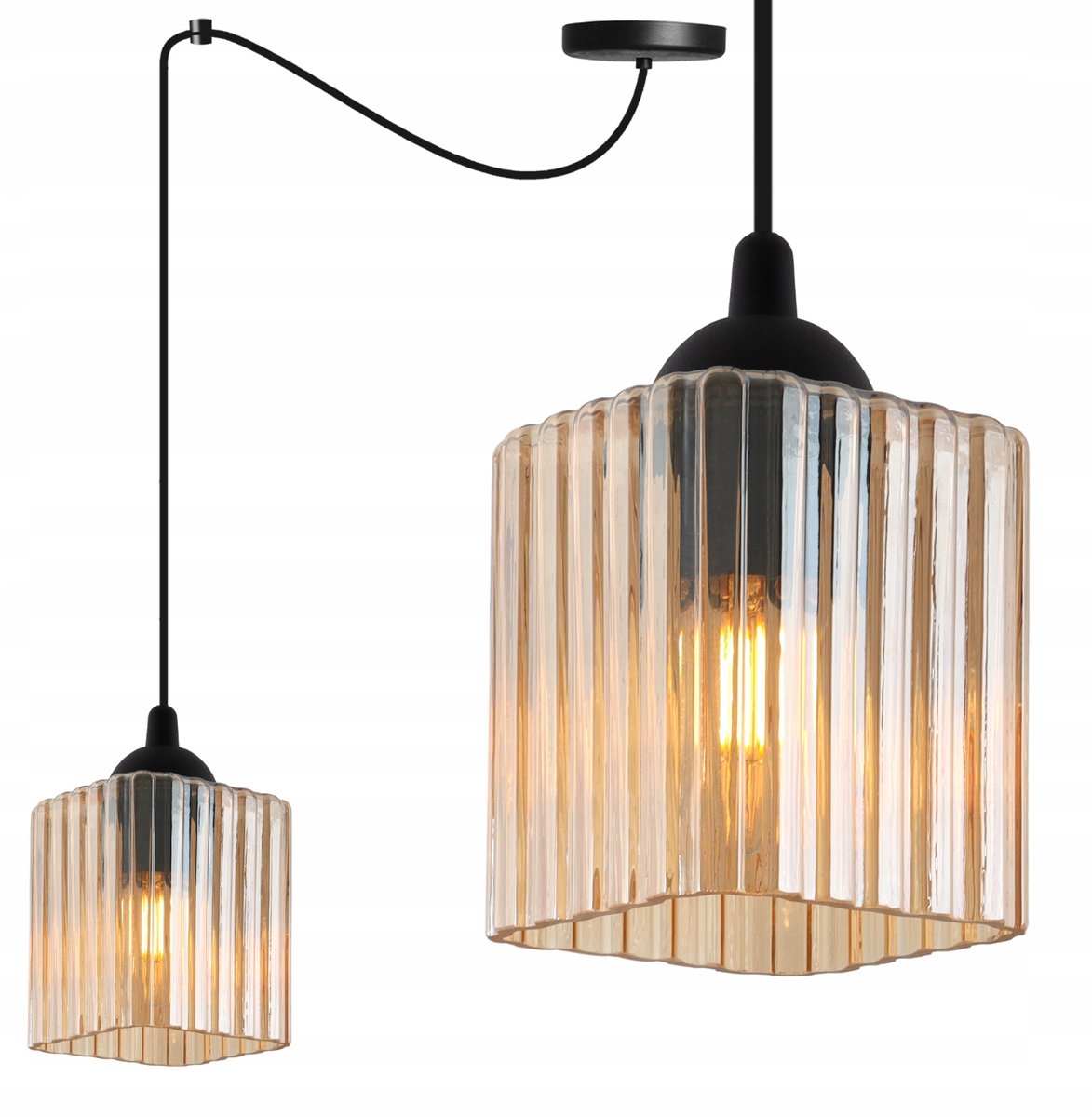Hanglamp Zwart Glamour Honingkleurig Rubbled Glas E27