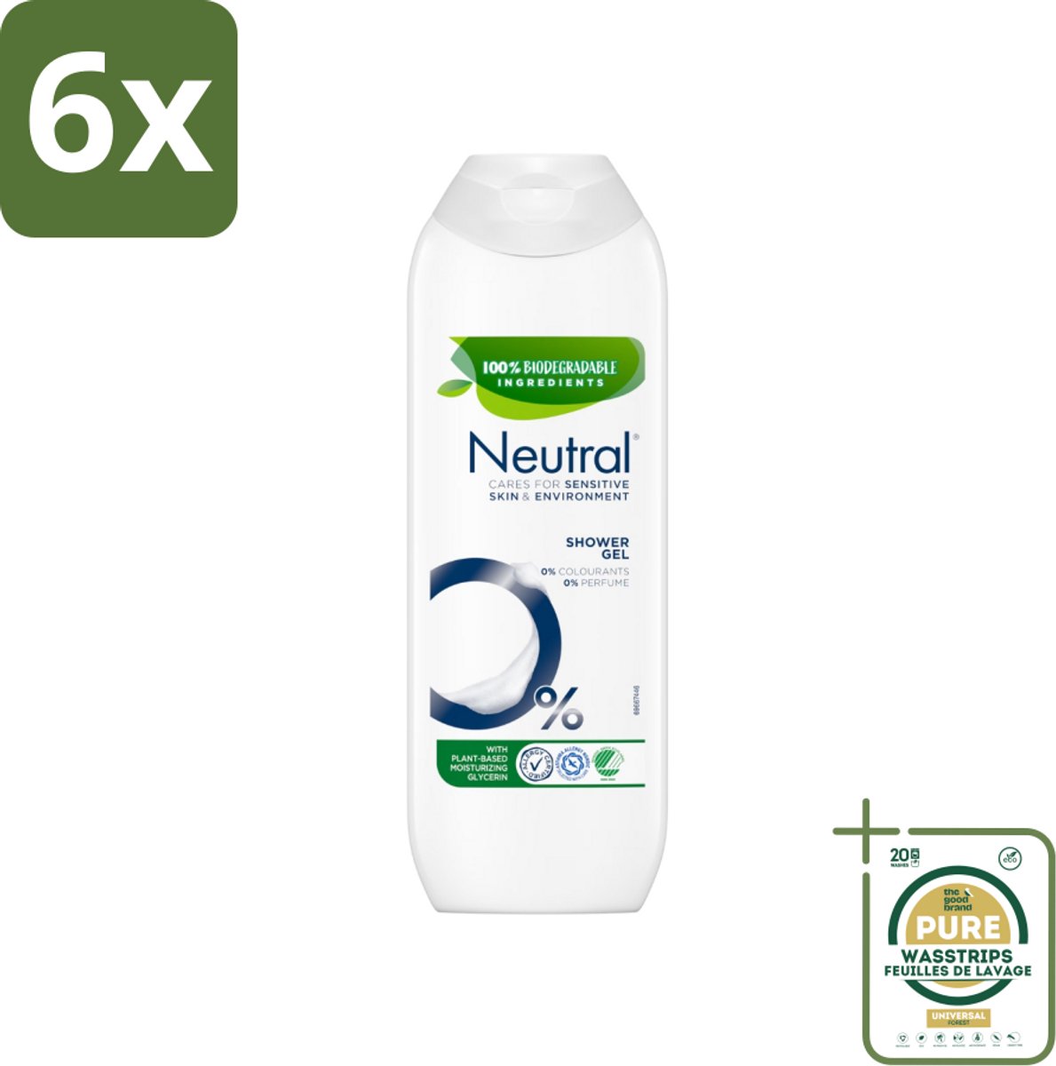 Neutral - Douchegel - Gevoelige Huid - 0% Kleurstof & Parfum - Met Plantaardige Glycerine - 250 ml - Voordeelverpakking - 6 stuks - 0% kleurstof - 0% parfum