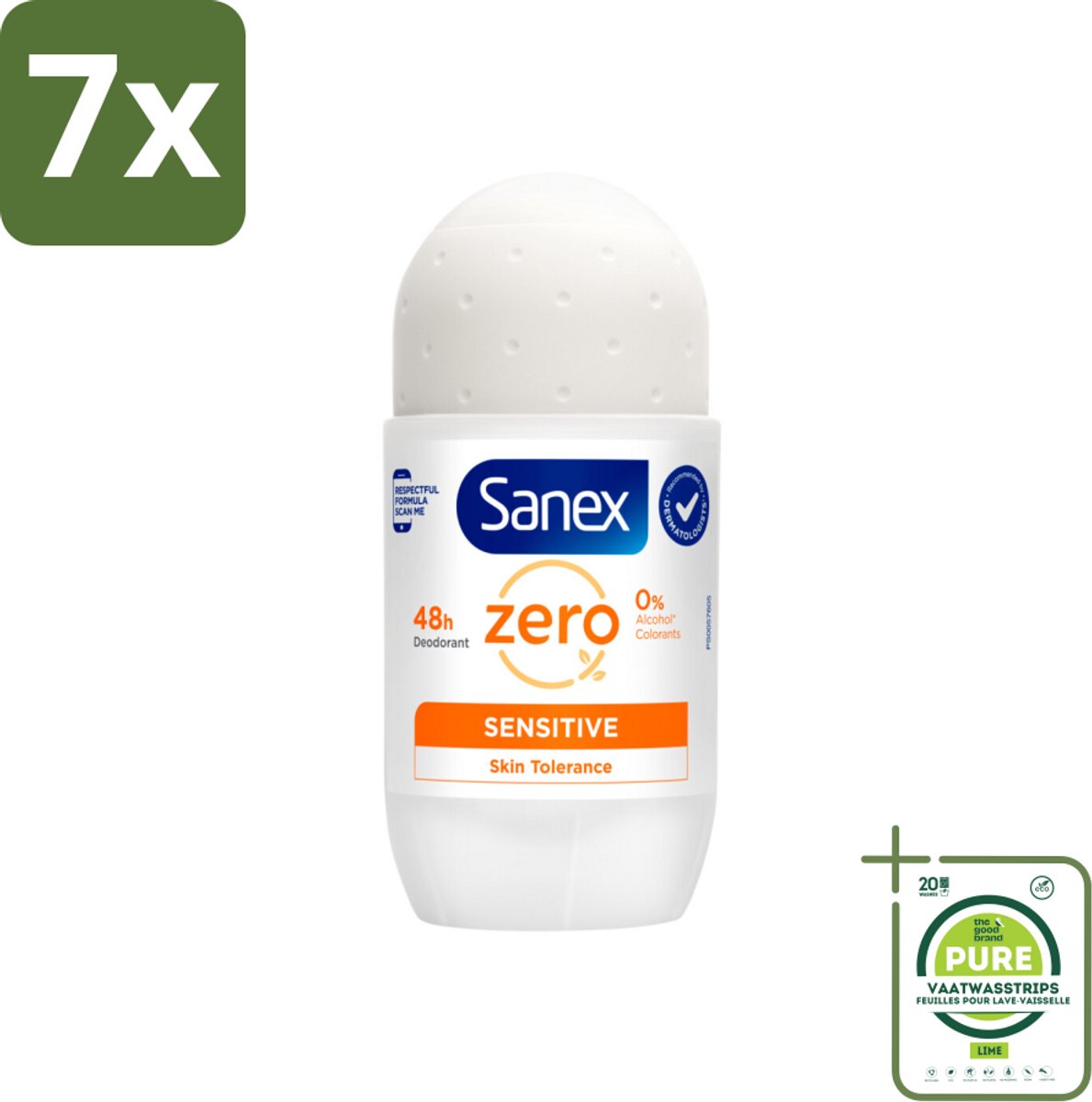 7 x Sanex Deodorant Roller Zero% Sensitive Skin 50 ml - Grootverpakking - Sanex Deodorant Zero% Sensitive - Alcoholvrije Deodorant - Parabenenvrije Deodorant - Gevoelige Huid - Milde Deodorant
