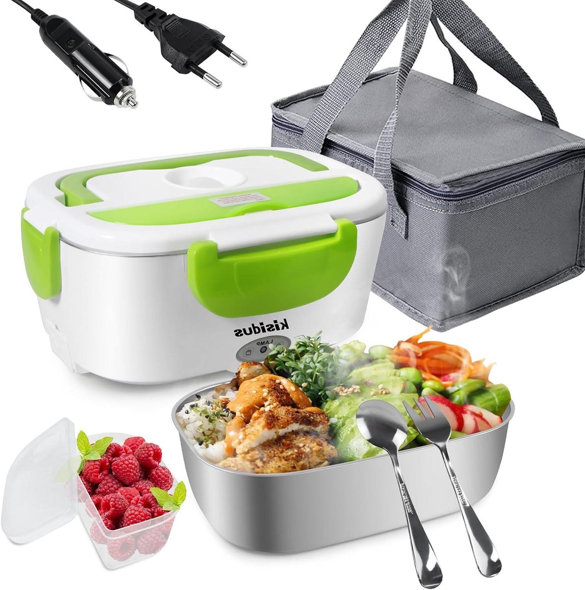 Elektrische Lunchbox - Voedselverwarmer Draagbaar - Warme Maaltijd Onderweg - Universele Stroomvoorziening - 1.5 Liter Capaciteit - Groen