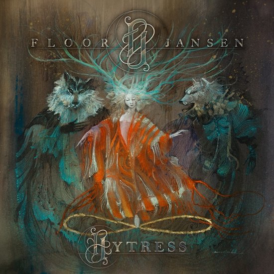 Albumcover van Floor Jansen met een vrouw met oranje gewaad en gewei, geflankeerd door twee wolven.