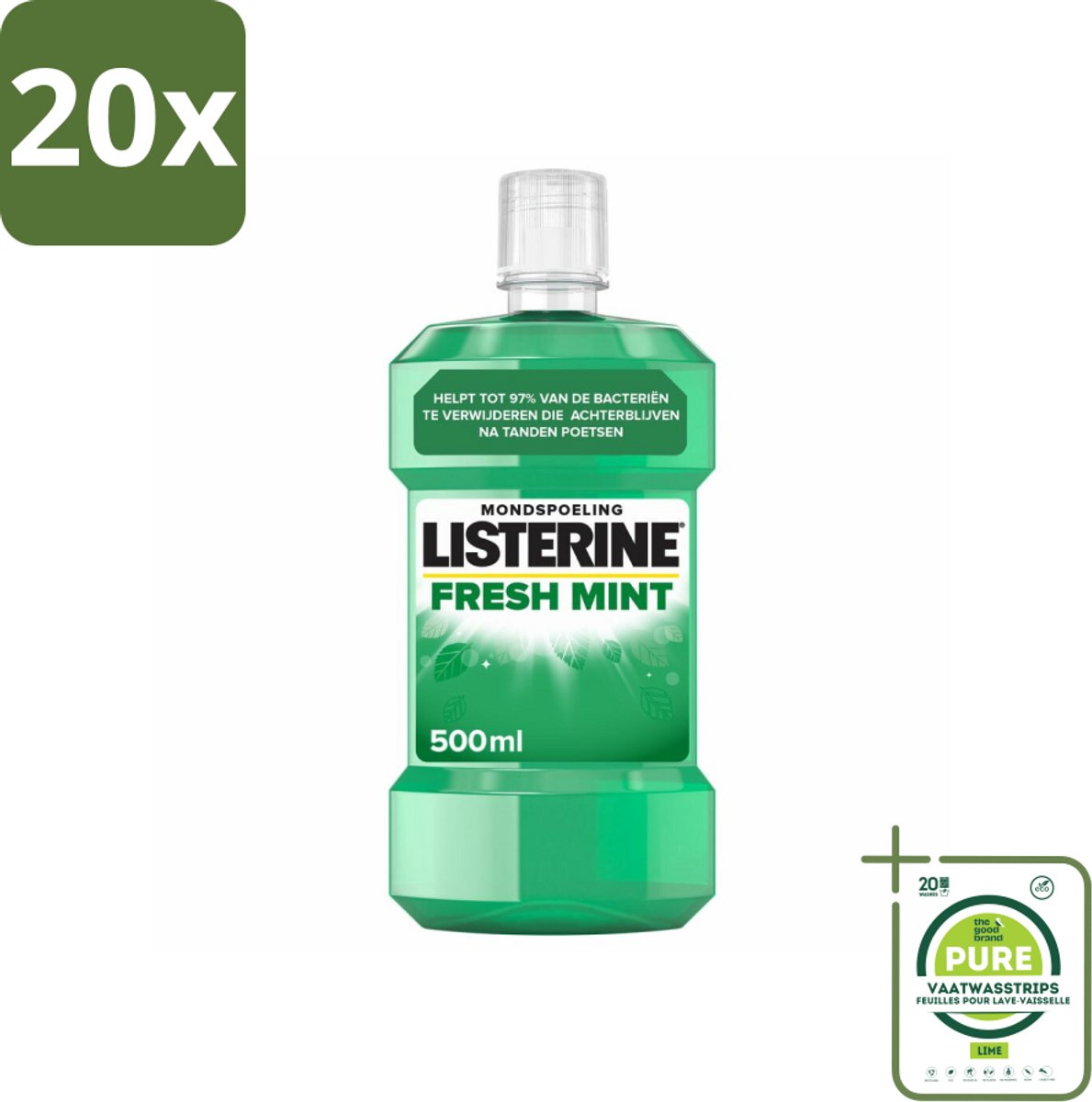 20 x Listerine Mondwater Fresh Mint 500 ml - Grootverpakking - Mondspoeling - Mondwater - Mondverzorging - Tandplak - Frisse Adem