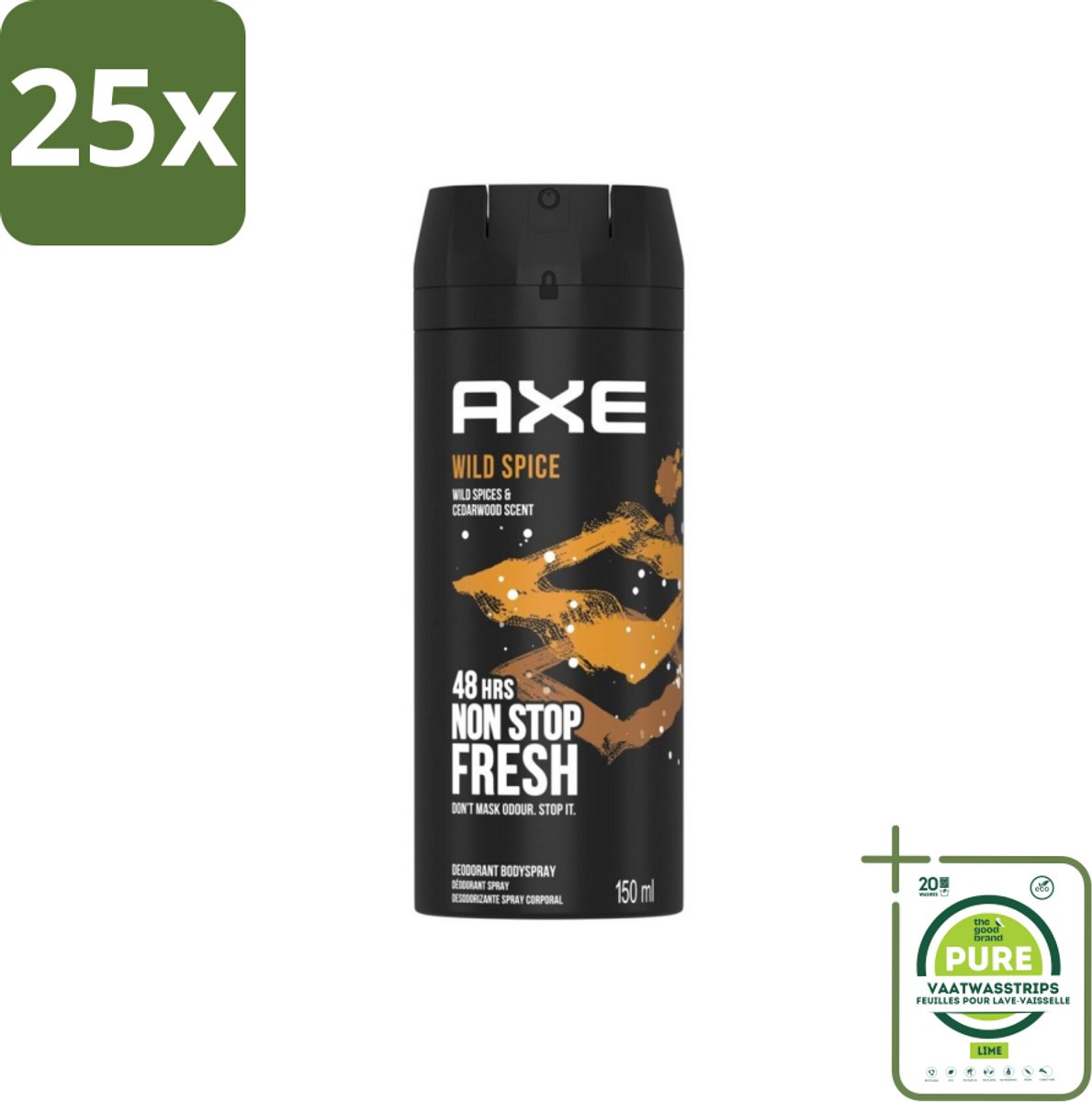 25 x Axe - Deodorant Bodyspray - 48hrs Non Stop Fresh - Wild Spice - Wild Spices & Cedarwood - 150 ml - Grootverpakking - Axe Wild Spice - Deodorant Bodyspray - Cederhout Geur - Frisse Geur - Anti-geur