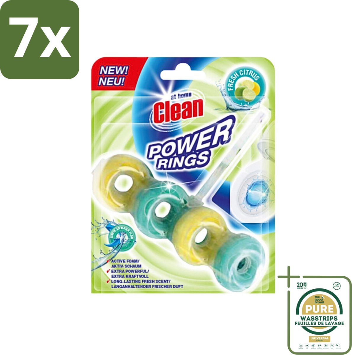 7 x At Home - Clean - Toiletblok - Power Rings - Fresh Citrus - Extra Sterk - 1 Blok - Grootverpakking - Toiletblok - Toilet Reinigen - Citrusgeur - Power Rings - Extra Sterke Reiniging