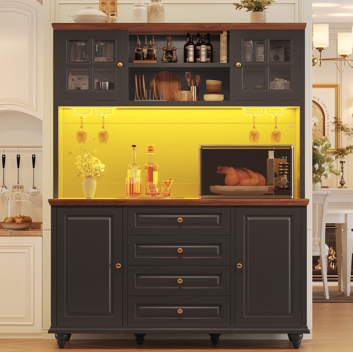 COVREO Keukenkast 140x40x179,5 cm zwart MDF, RGB-ledverlichting, 4 lades