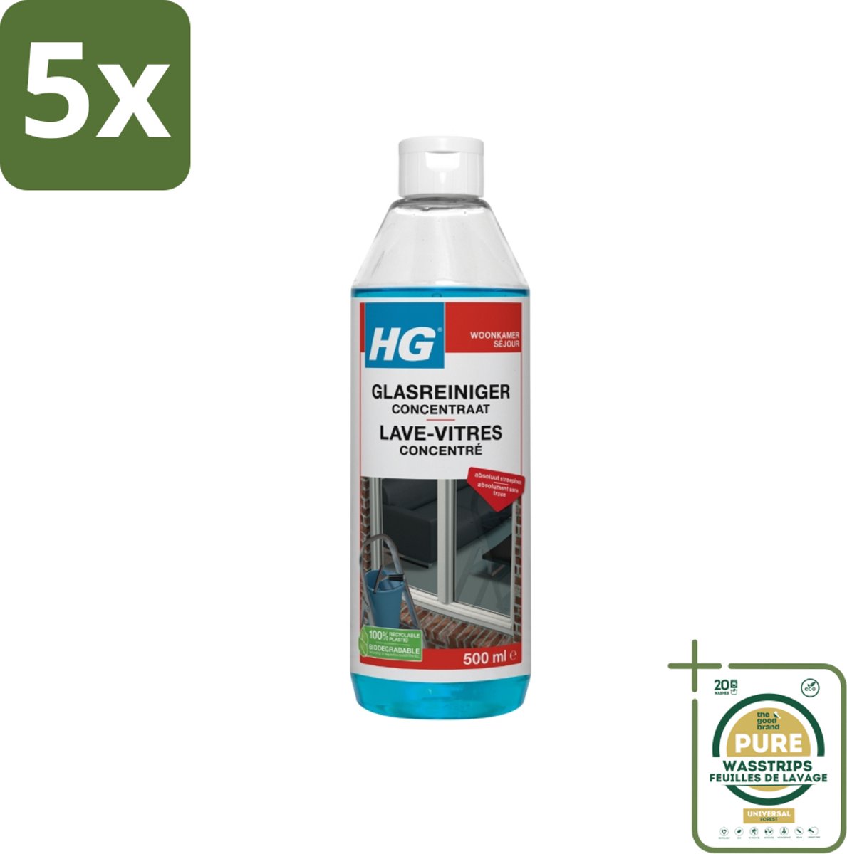 5 x HG Glasreiniger Concentraat 500 ml - Grootverpakking - Glas Reinigen - Streeploos Reinigen - Ramen Reinigen - Glazen Reiniger - Reinigingsmiddel