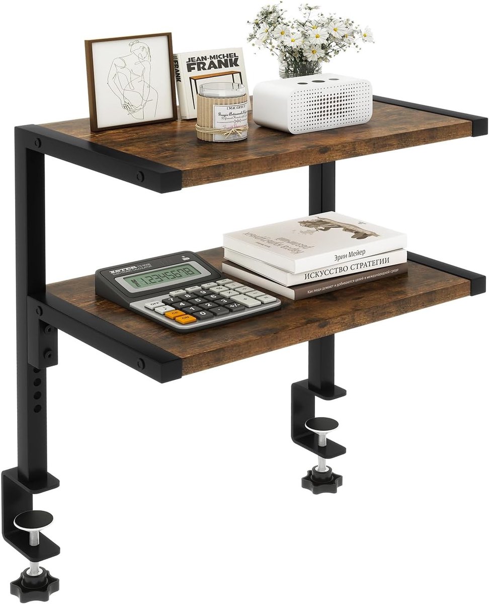 Verstelbare 2-laagse bureaushelf met klem, 33 cm - Organisator voor kantoor, thuis, studie en gaming, 30 kg draagvermogen