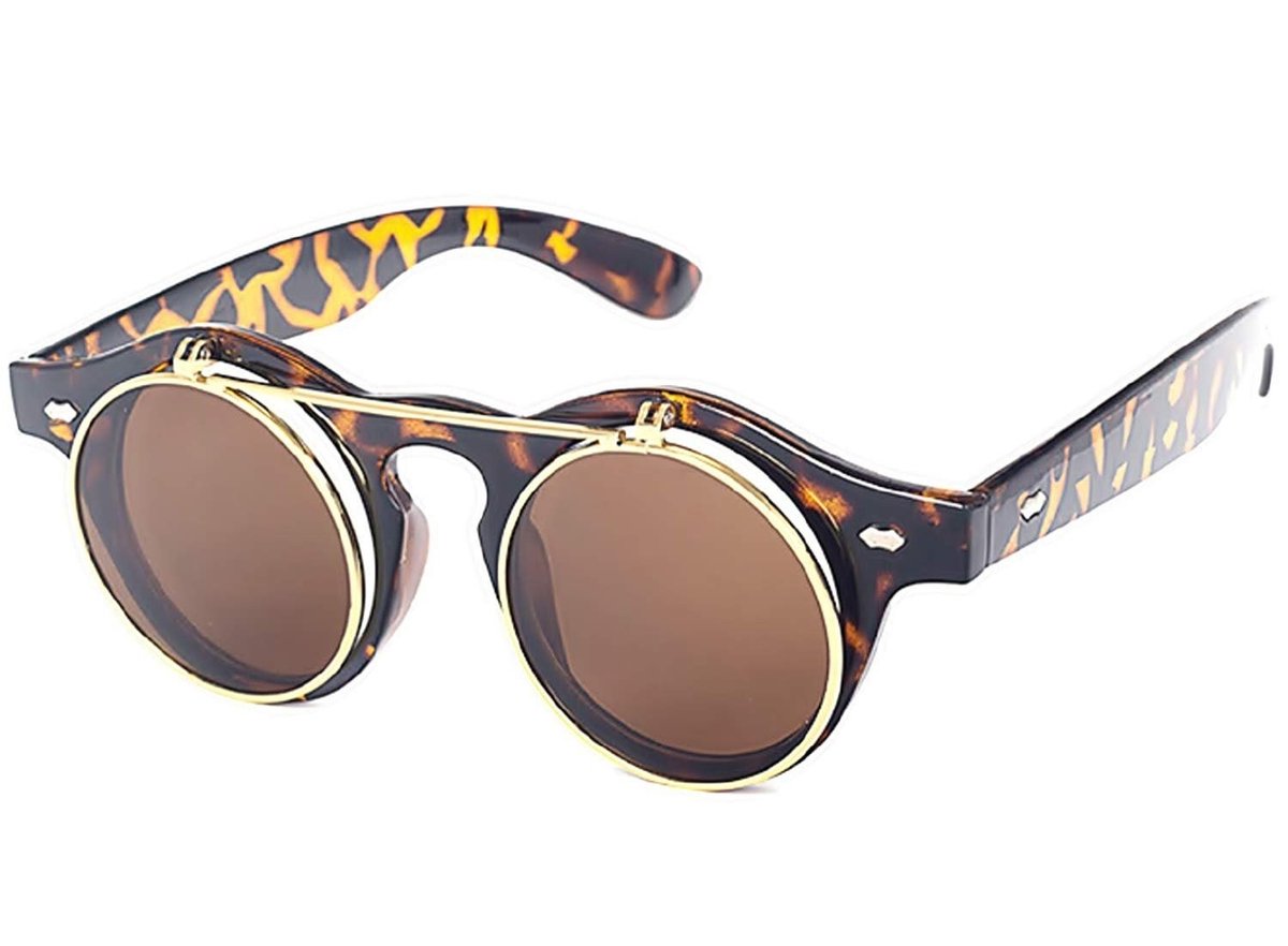 Elzusha - Steampunk Rond Flip Up Zonnebril - Leopard