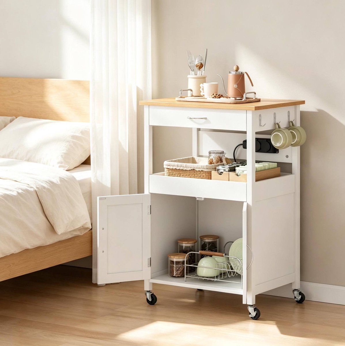 Keukenwagen Met Wielen En Stopcontact - Opbergruimte Met Lade En Kast - Voor Keuken En Woonkamer - MDF - Wit - 60 X 45 X 92 Cm