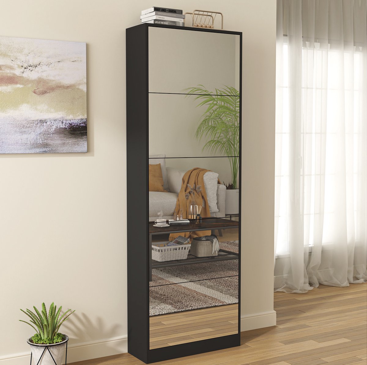 OKWISH Schoenenkast - Spiegel - 5 Klapvakken - Vrijstaand en Ruimtebesparend voor Hal en Entree - MDF Zwart - 63 x 23,6 x 185 cm