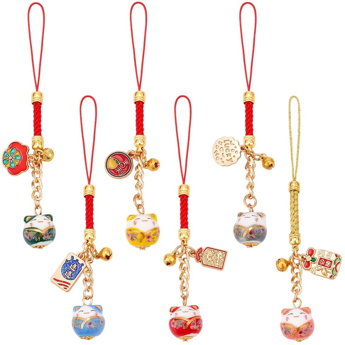 Elzusha - Set van 6 Maneki Neko Sleutelhangers voor Geluk en Feng Shui