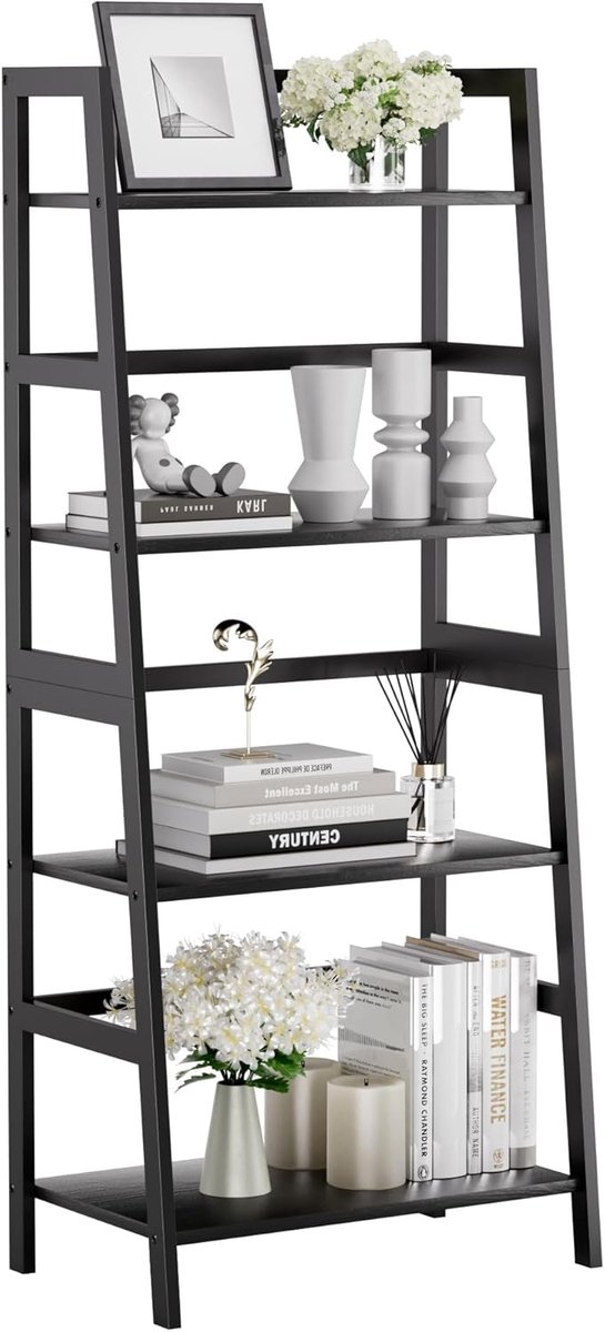 Ladderrek met 4 Planken, Vrijstaand Boekenrek van Bamboe voor Badkamer, Woonkamer en Slaapkamer - Ideaal voor Opslag en Decoratie