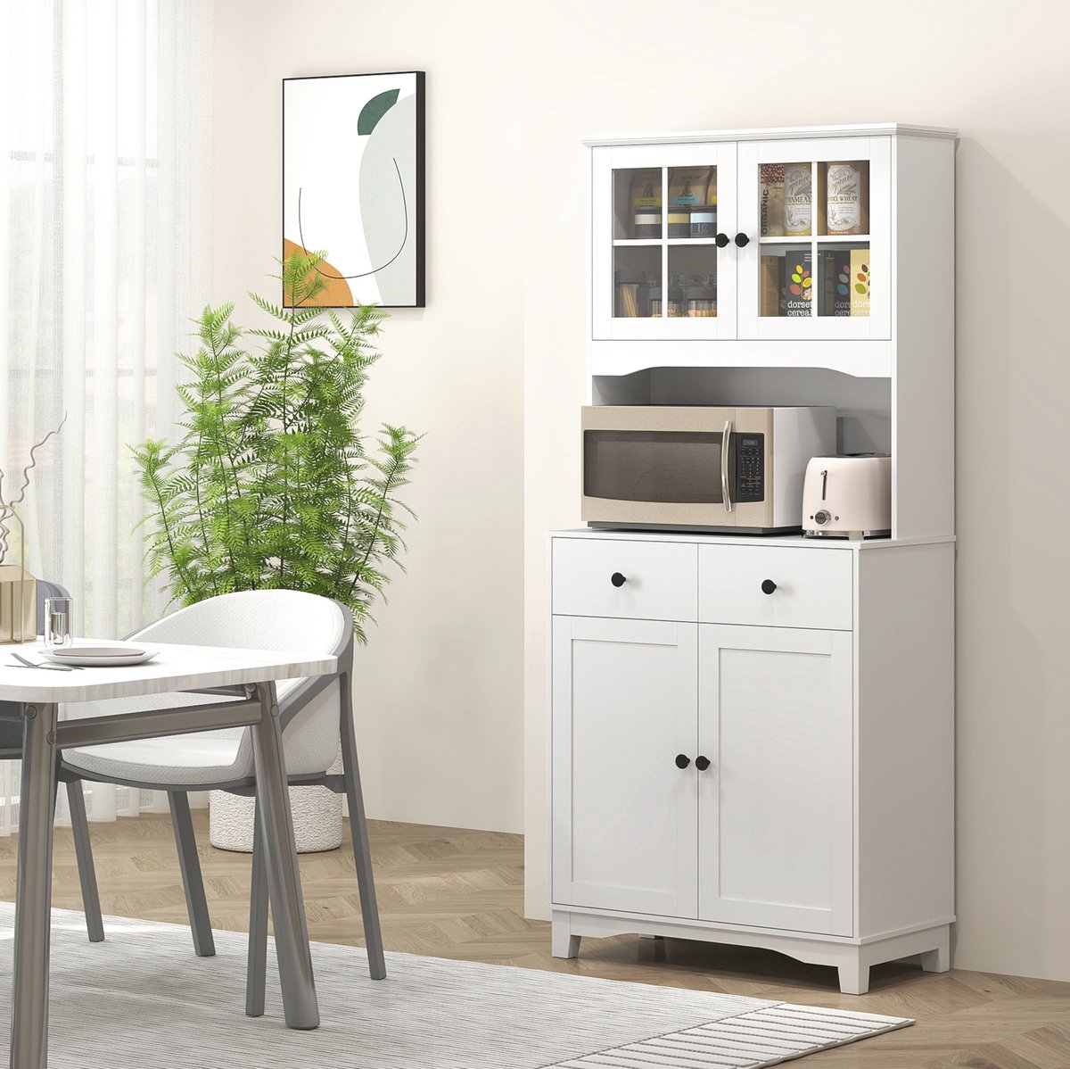 OKWISH Keukenkast – Hoge Kast Met Microgolfoven Vak – 74,5 x 40 x 172 cm – 2 Deuren en 2 Lades – Verstelbare Legplanken – Wit Hout