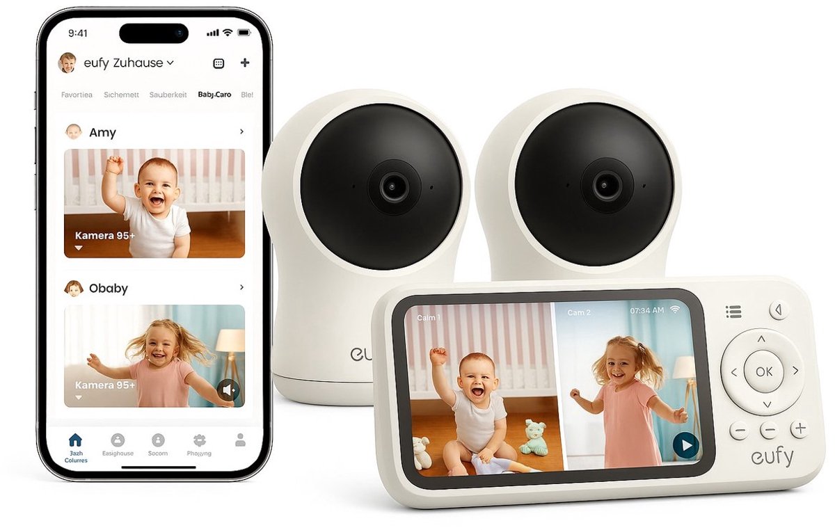 eufy Babyfoon C10 + Baby Monitor C10 Add-On Camera – 2K HD Camera – 4.5" Scherm – Pan & Tilt – Nachtzicht – Wi-Fi of Zonder Wi-Fi – 12 Uur Batterij – Beweging, Huilen & Geluid Detectie – Temperatuur Alarm – 2-weg Praten – VOX