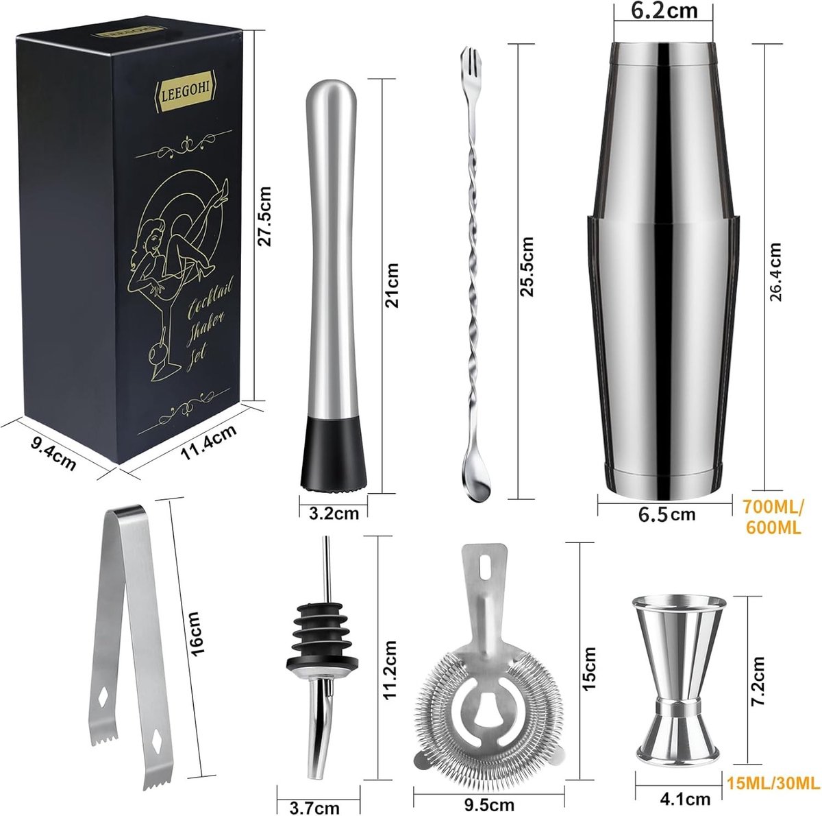 Boston Cocktail Shaker Set - Foema gorro graduación - 700/600ml - Roestvrij Staal - Voor Cocktails en Mocktails