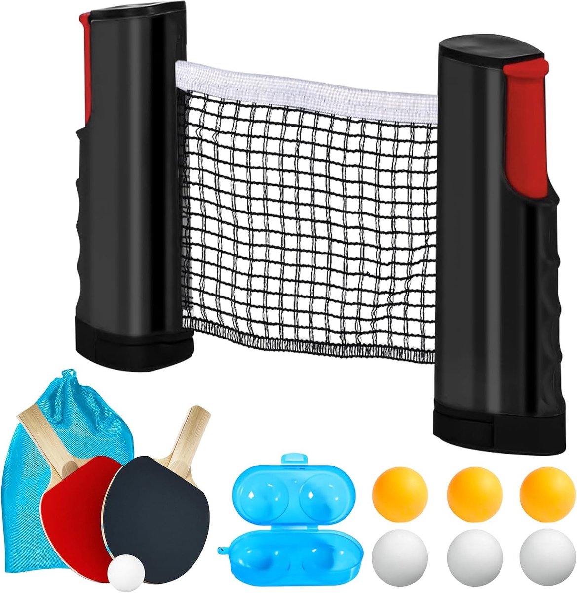 Tafeltennisracketset - Zwart - Set van 2 Rackets, Net, 6 Ballen, Draagtas en Ballenbak - Voor Kinderen en Volwassenen