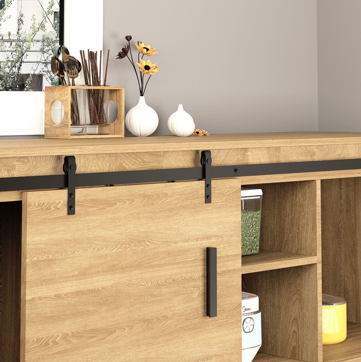 REDOM - Schuifdeursysteem voor enkele schuifdeur - Laufschiene met toebehoren - Ruimtebesparende wandmontage - Voor kast, tv-meubel en boekenkast - Staal - Zwart - 183 x 0,6 x 18 cm