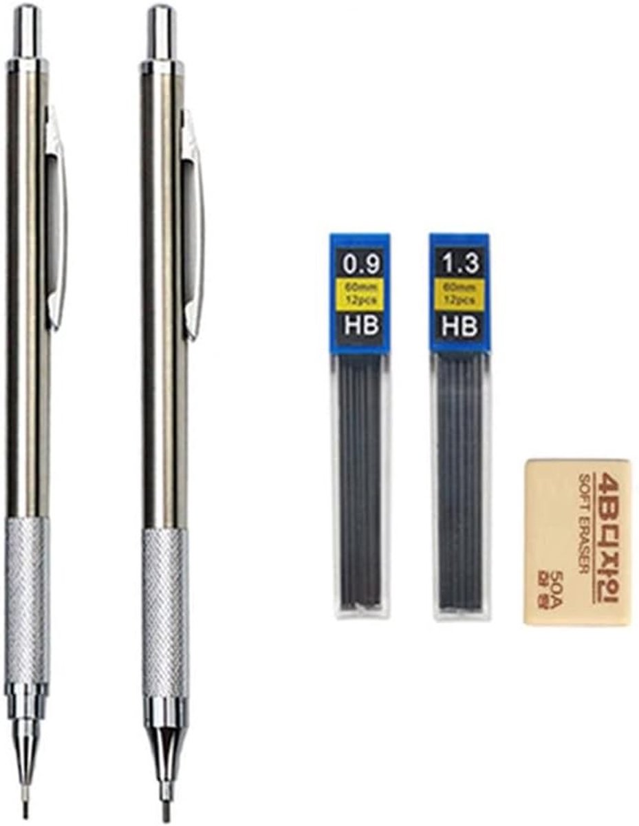 Mechanisch Potlood Set - Zilver - 0.9 mm - Volledig Metalen Automatisch Potlood met Leads - Voor Kantoor en School
