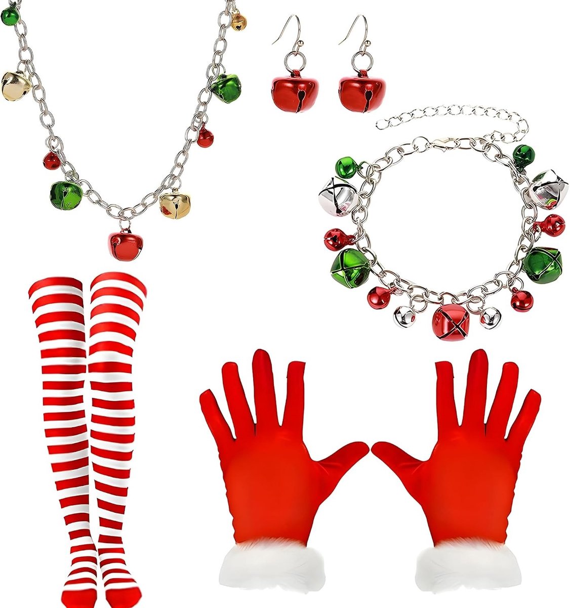 Feestelijk kerstkostuum voor dames met belsieraden, rode handschoenen en kousen voor een sprankelende kerstlook