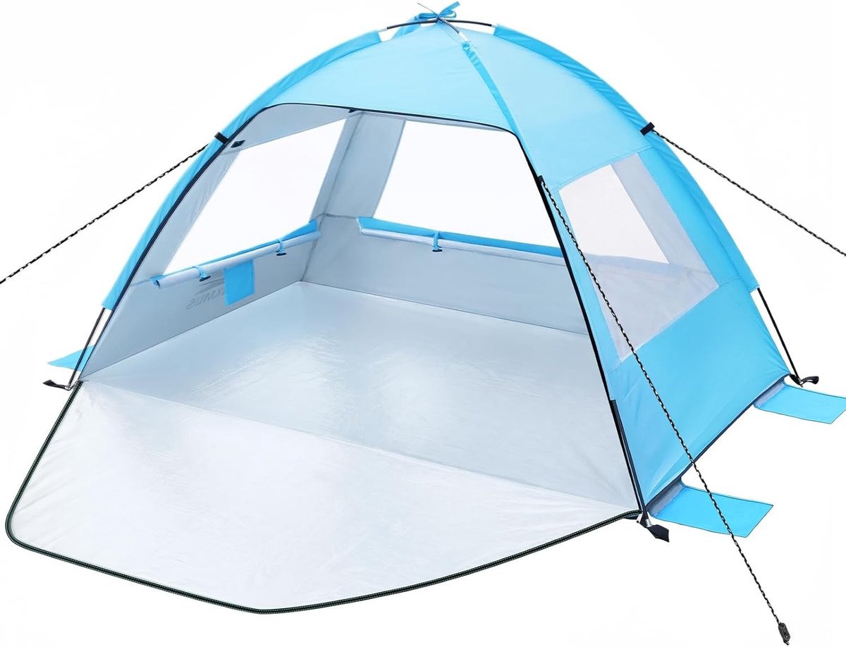 Zonnige Strandtent met UV-bescherming 50+, Ideaal voor Camping en Tuin, 215 x 135 x 120 cm, Blauw, Lichtgewicht en Waterdicht