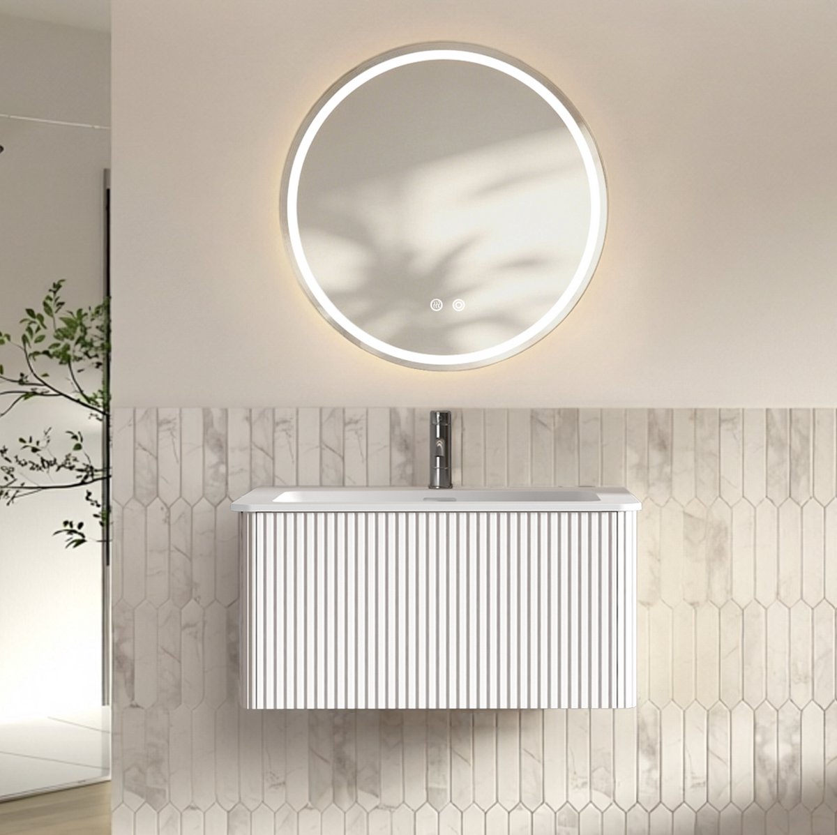 STILVORA Badkamermeubelset - Wandhangend Met LED Spiegel En Lade - Ruimtebesparend Voor Kleine Badkamer - Hout En Glas - Wit - 81x48,5x37 Cm