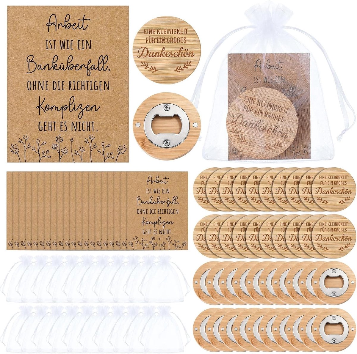 20 Sets Houten Flesopeners met Magnetische Organzazakjes en Bedankkaartjes voor Doop, Bruiloft en Feestbedankjes