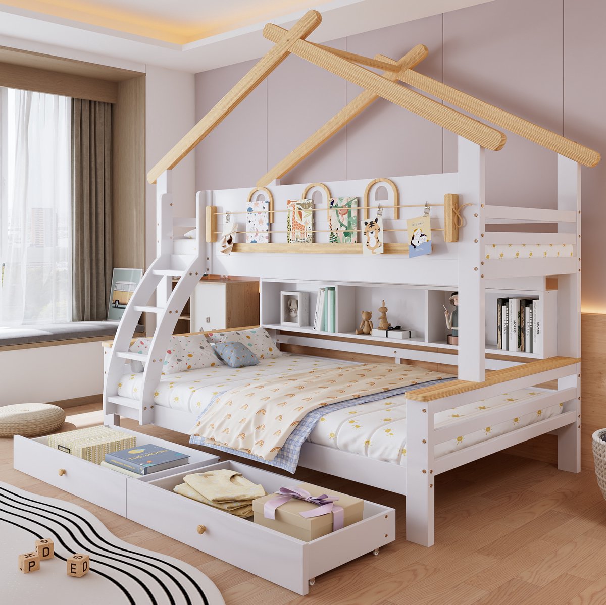 Wishdor Stapelbed 90 x 200 cm en 120 x 200 cm - Met 2 lades en schuin ladder - Met opbergrek en dakdesign - Voor kinderen - Hout en MDF - Wit naturel