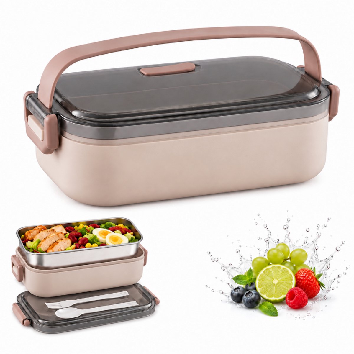 Lunchbox - Lunchbox Kinderen - Bento Box - RVS Broodtrommel - Enkellaagse Lunchbox - Lekvrije Meal Prep Container voor School en Werk - BPA-Vrij met Bestek - roze