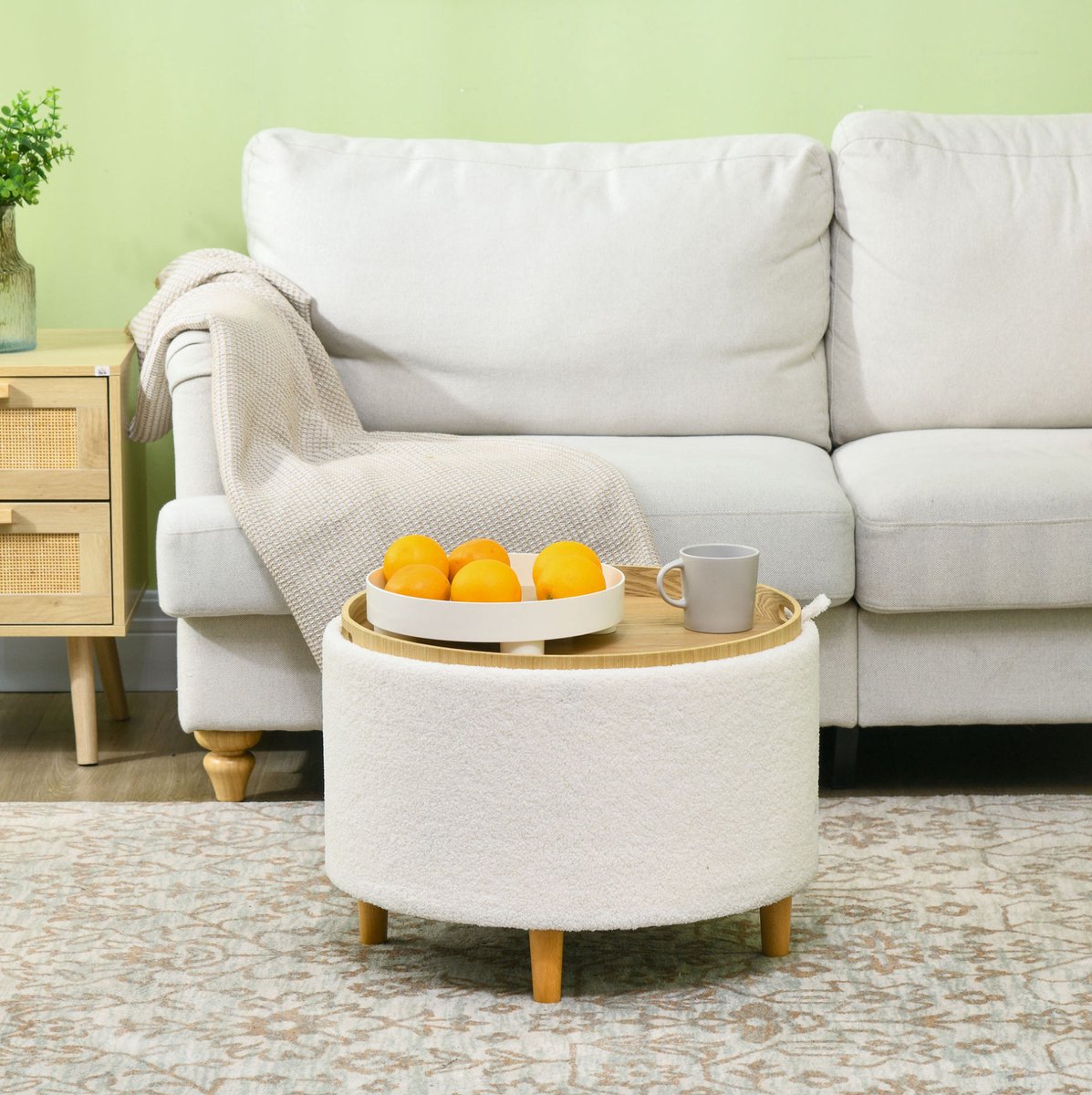 REDOM - Poef - Opbergruimte - Klapdeksel als dienblad - Ronde vorm - Voor woonkamer en slaapkamer - Polyester - Wit - 56 x 56 x 42 cm