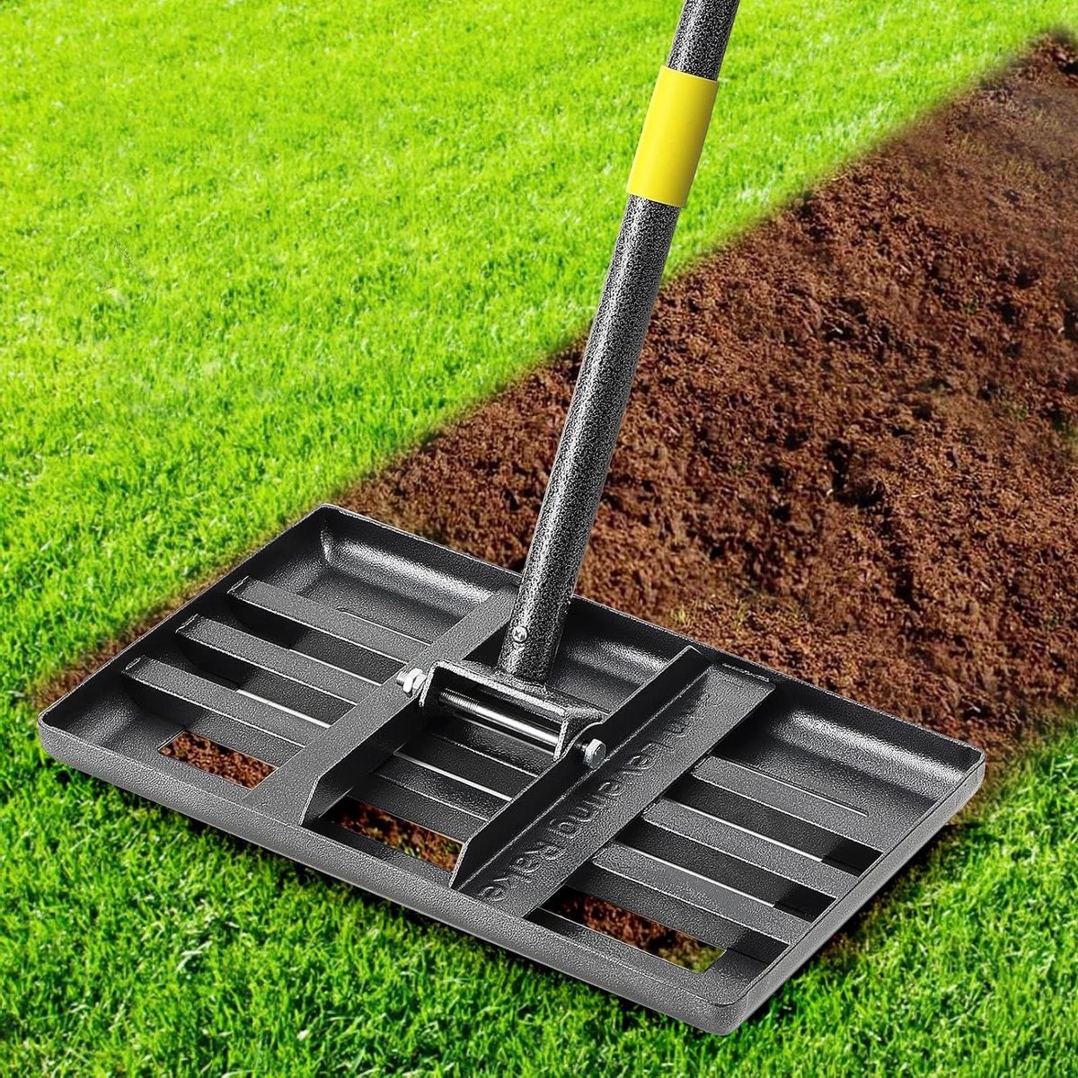 Gazon hark - Nivelleerhark tool - Gazon egaliseren - Gebogen glijdende rand - 43x25 cm plaat - Geel