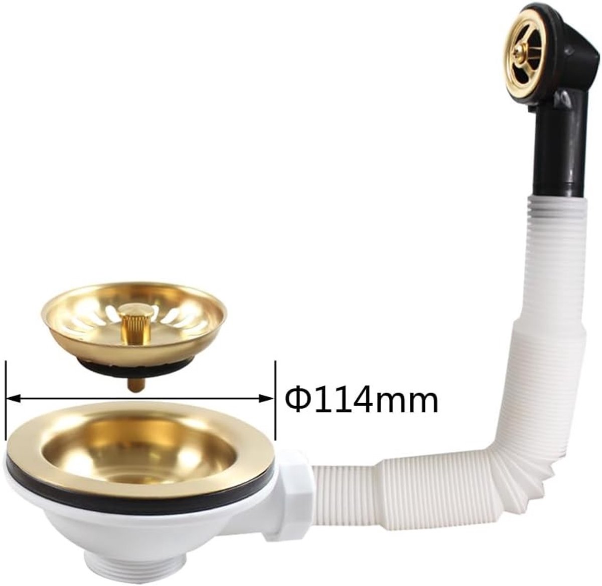Ronde Afvalzeef van SUS304 RVS in Geborsteld Goud voor Keuken, Inclusief Overloop en Afvoerset Accessoires