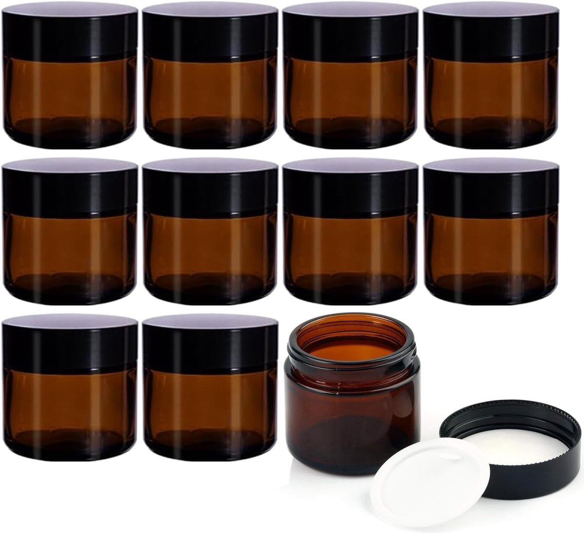 12 Stuks Bruine Glazen Potjes van 60 ml voor Crèmes, Zalf, Lotion en Cosmetica Vulpotjes
