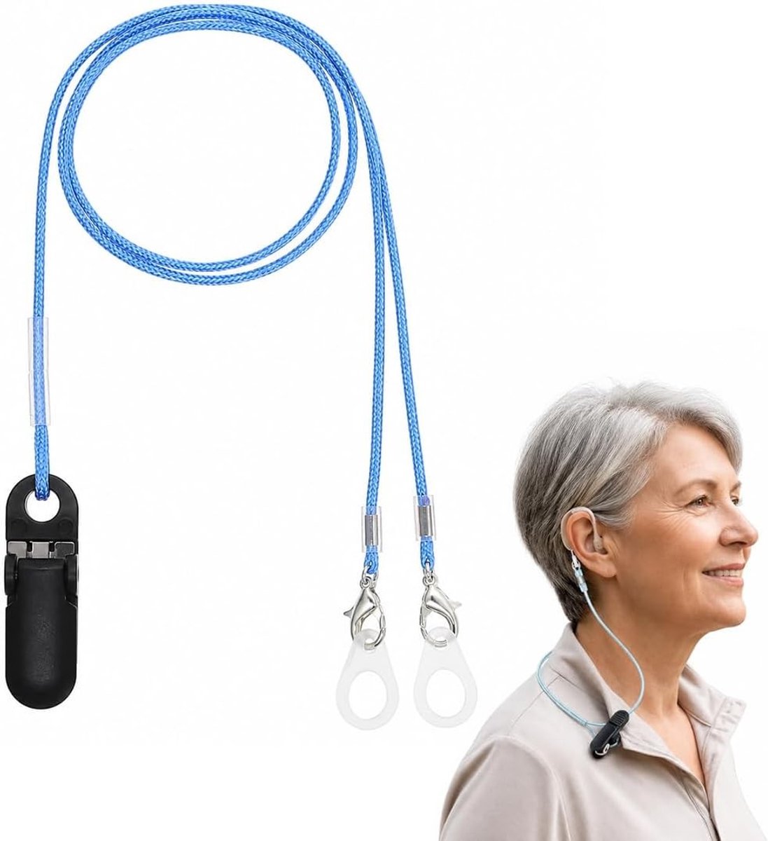 Hoorapparaat houder met anti-verlieskoord - Beschermende clip met ringen, ideaal voor achter-het-oor hoorapparaten, blauw, veilig en praktisch